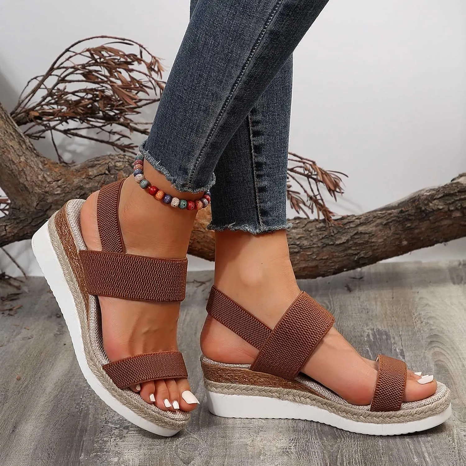 Women's Thick Strappy Stretch Sandal Solid Open Toe Wedge High Heel Casual Summer Spring Sandals Platform Beach Shoe