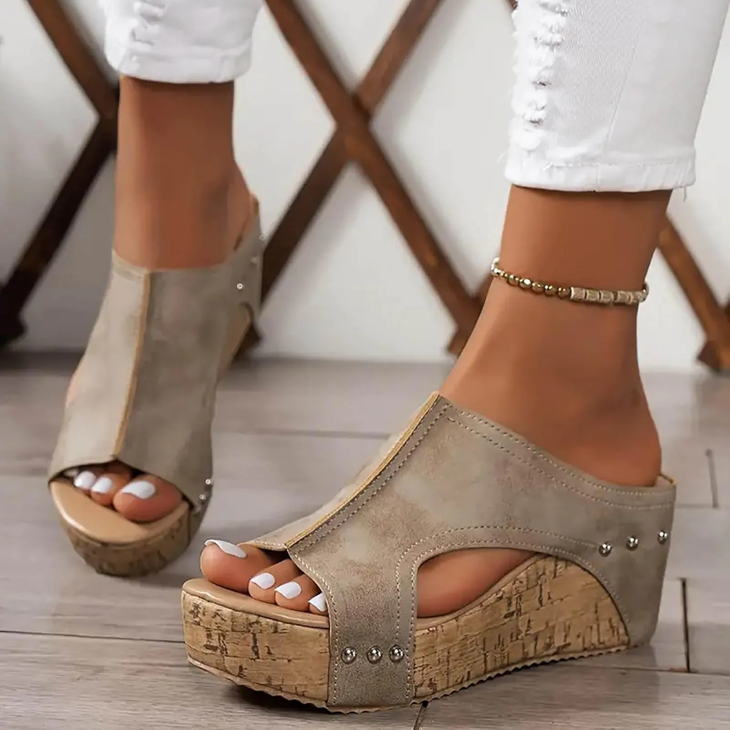Womens Wedge Platform Slide On Sandals Open Toe Casual Summer Slide Platform Sandals Dressy High Heel Beach Sandal Comfortable Wedges Shoe Mules