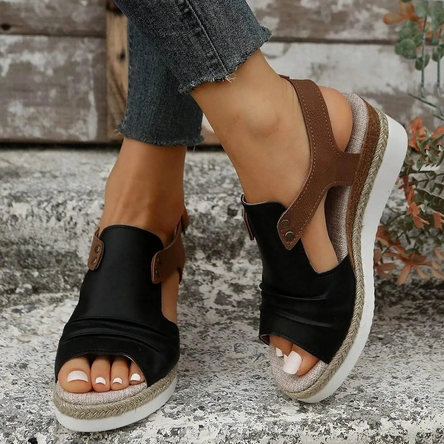 Womenyiaor Wedge Sandals for Women, Espadrilles for Women Open Toe Ankle Strap Wedge Heels Sandals Dressy Summer Platform Sandals Comfortable Slip on Sandals Orthopedic Sandals Casual (B-Black, 10)
